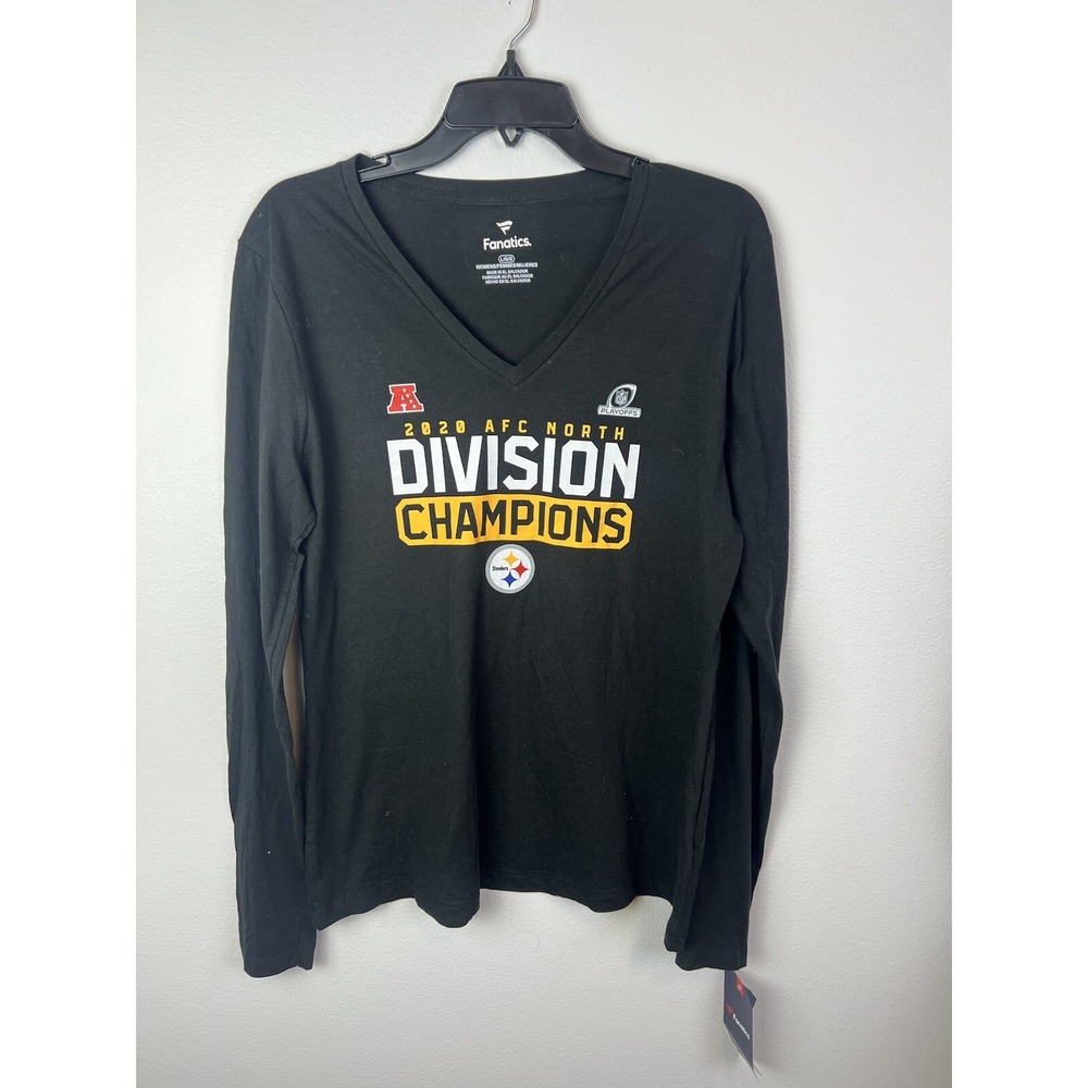 Pittsburgh Steelers Women's Long Sleeve V Neck Shirt Division Champs 2020 L Blk